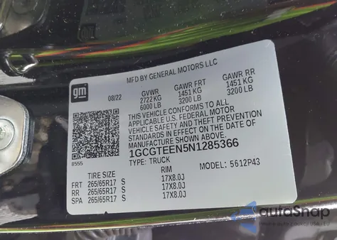 2022 Chevrolet Colorado 4Wd Short Box Zr2 from USA, damaged, VIN 1GCGTEEN5N1285366